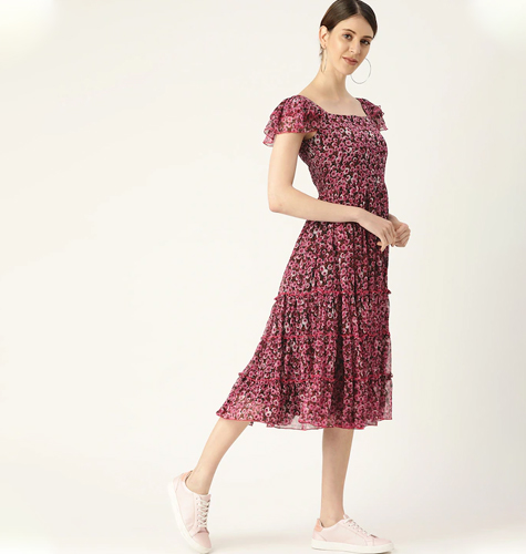Women Pink & Black Floral Printed Fit and Flare Tiered Dress With Smocked Detail